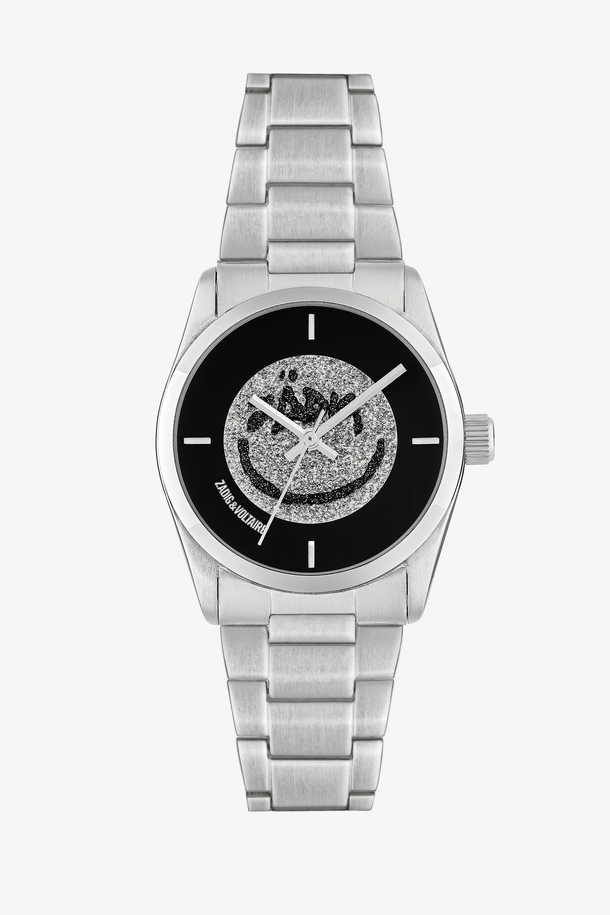 Uhr Fusion Happy Glitzer Damenuhr aus silberfarbenem Edelstahl mit schwarzem Zifferblatt und Happy Glitzermotiv
