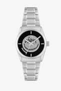 Reloj Fusion Happy Glitter  - Reloj de acero plateado con esfera negra y fondo happy glitter para mujer
