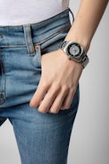 Reloj Fusion Happy Glitter  - Reloj de acero plateado con esfera negra y fondo happy glitter para mujer