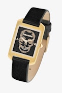 Reloj Dial Leo Timeline  - Reloj para mujer con esfera rectangular dorada y fondo de calavera con estampado de leopardo, provisto de una correa de piel negra