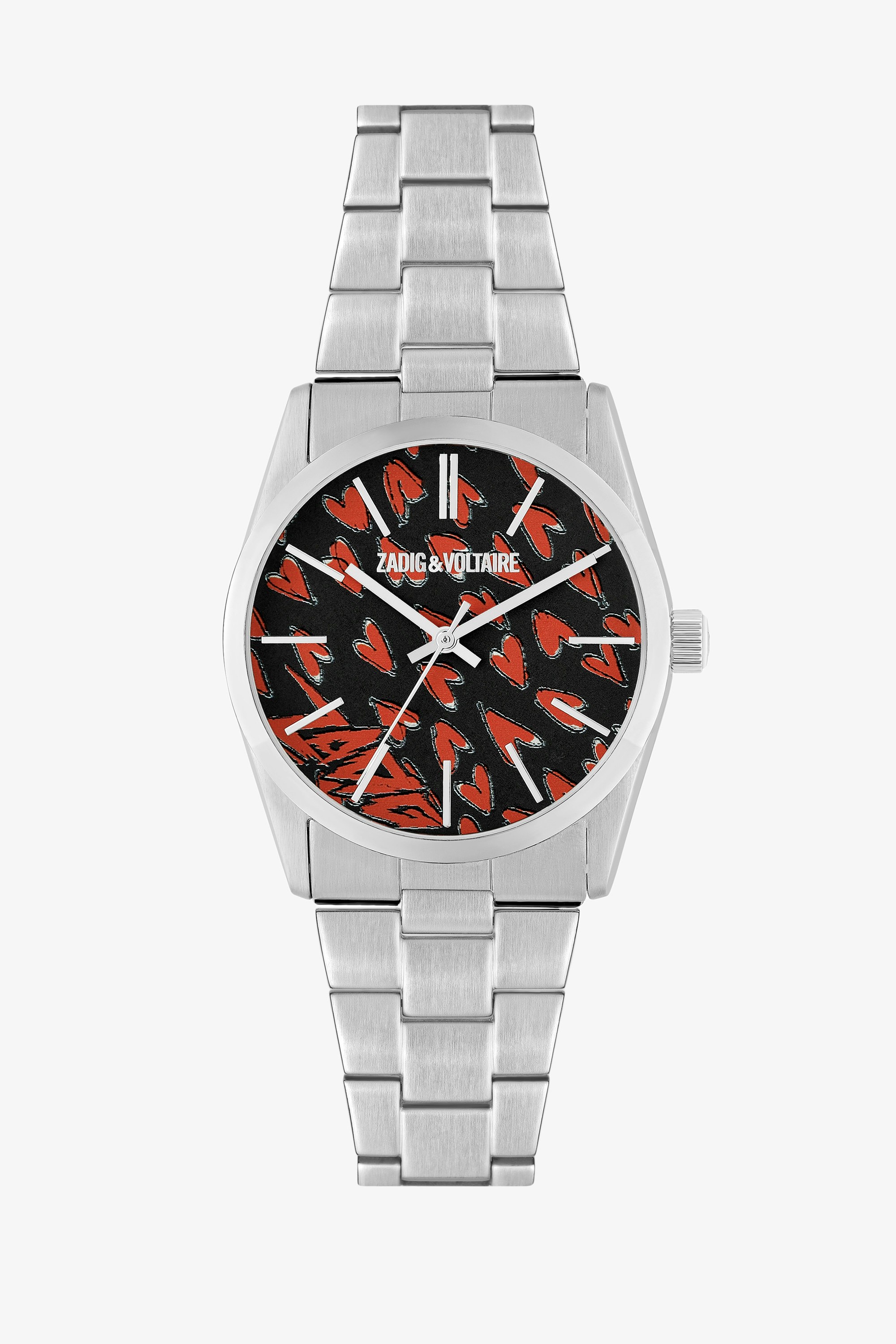 Fusion Heart ウォッチ Women’s silver-tone steel watch with dial featuring red hearts