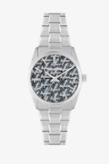 Reloj Fusion Glitter ZV Mono  - Reloj de acero inoxidable plateado para mujer con caja redonda de 36 mm de diámetro, esfera gris con monograma ZV, movimiento de cuarzo, funciones: hora/minutos, resistente al agua hasta 5 bares, correa de acero
