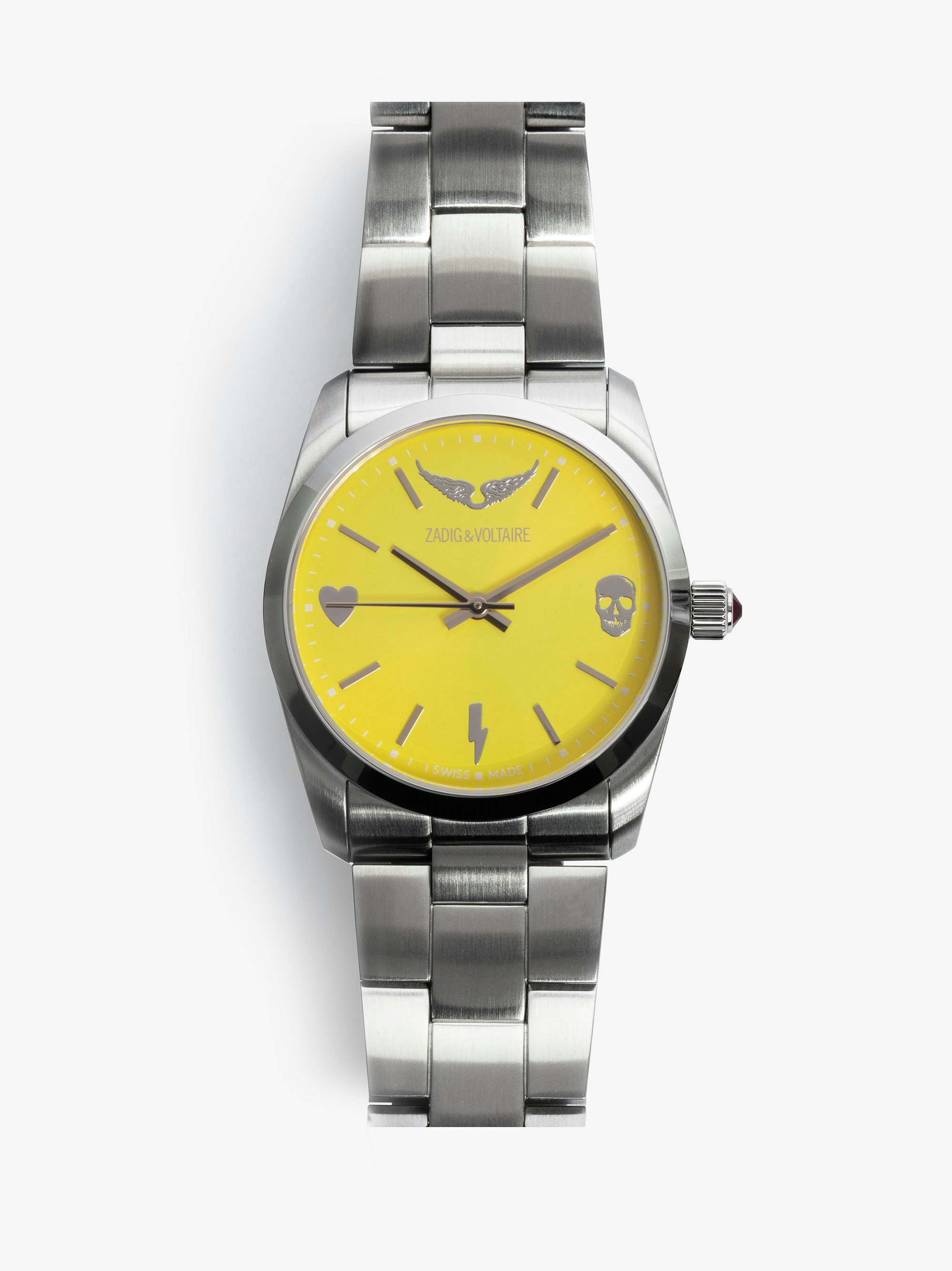 Montre Time2Love - Montre en acier inoxydable gris à cadran jaune.