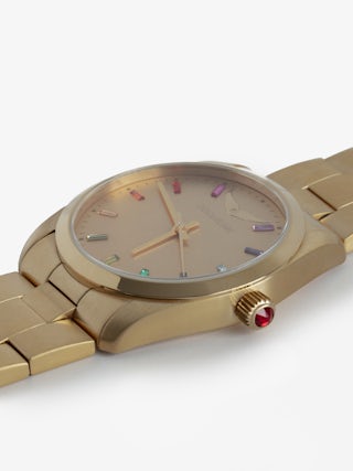 Time2Love Watch - Women's gold-tone stainless steel watch with multi-coloured rhinestone face