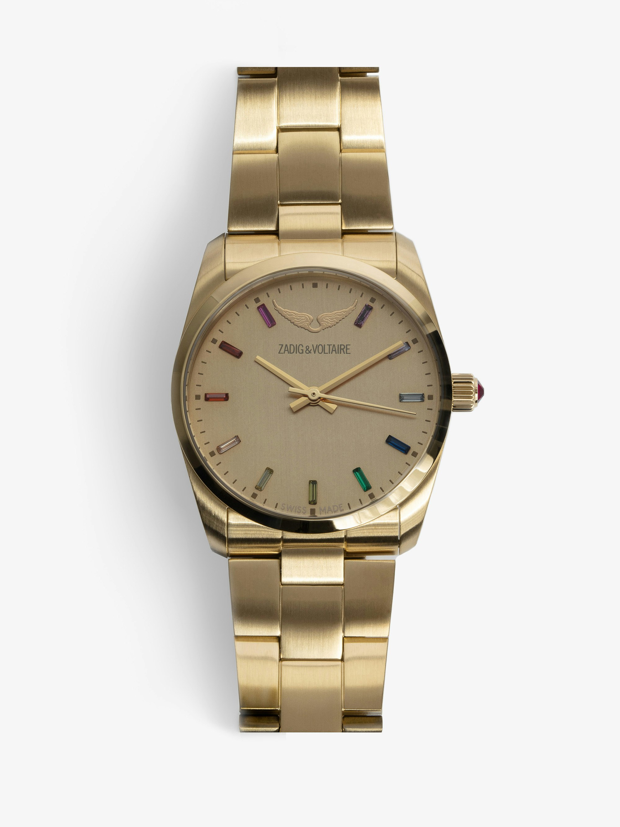 Uhr Time2Love - Damenuhr aus goldfarbenem Edelstahl mit einem mit mehrfarbigen Kristallen verzierten Zifferblatt