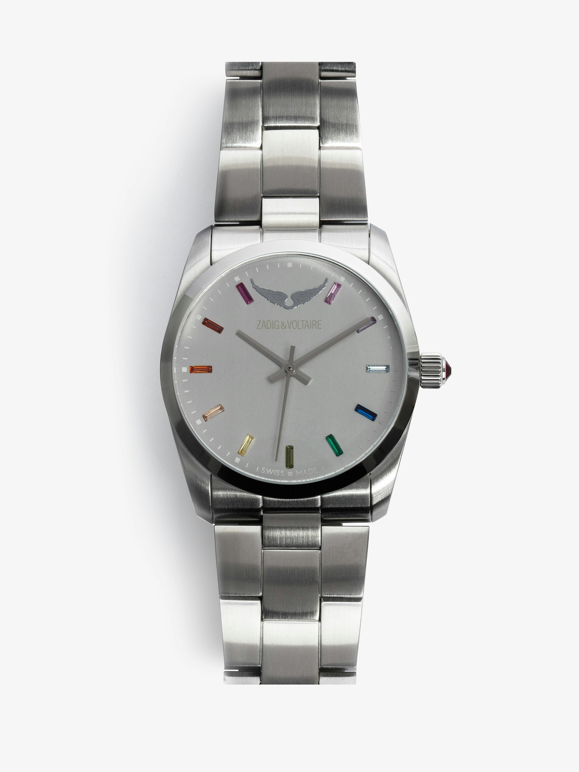 Time2Love Watch - Women's silver-tone stainless steel watch with multi-coloured rhinestone face