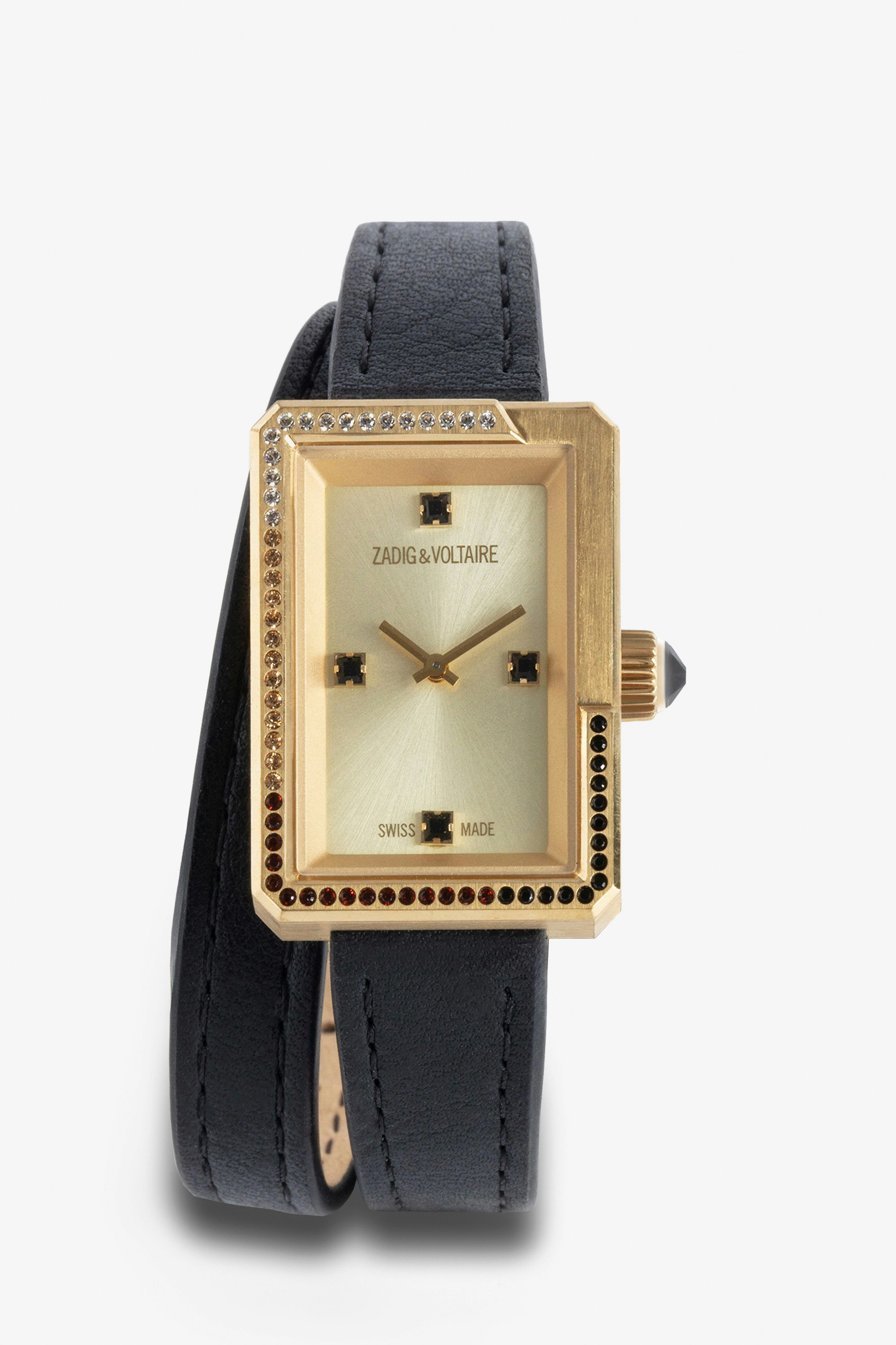 Reloj Cecilia - Reloj dorado con esfera rectangular, strass y pulsera de piel de doble vuelta para mujer.