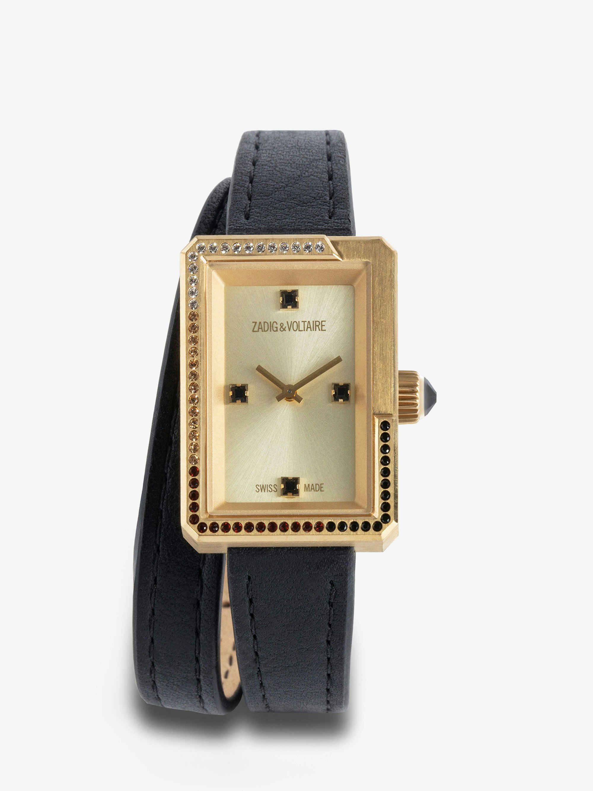 Montre Cecilia - Montre dorée cadran rectangle strass et bracelet en cuir double tour.