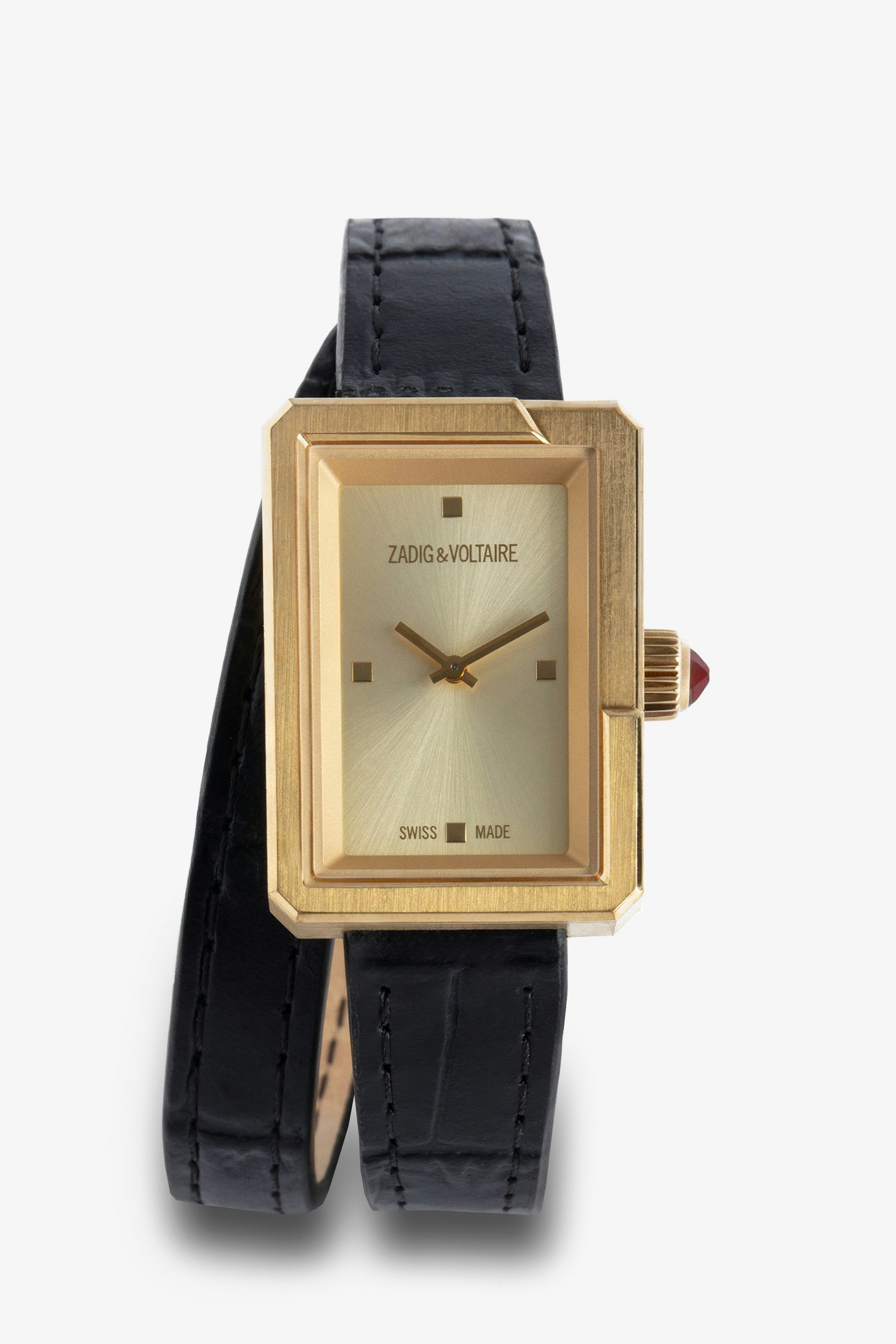 Cecilia Watch - Women’s rectangular dial gold-tone watch with double wrap leather strap.