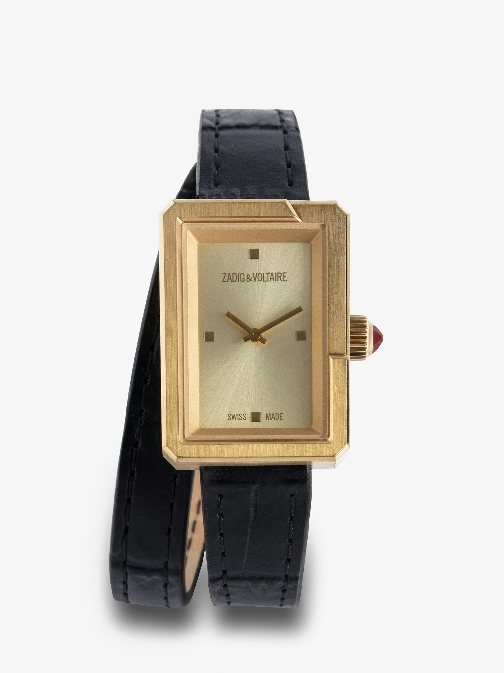 Cecilia Watch - Women’s rectangular dial gold-tone watch with double wrap leather strap.