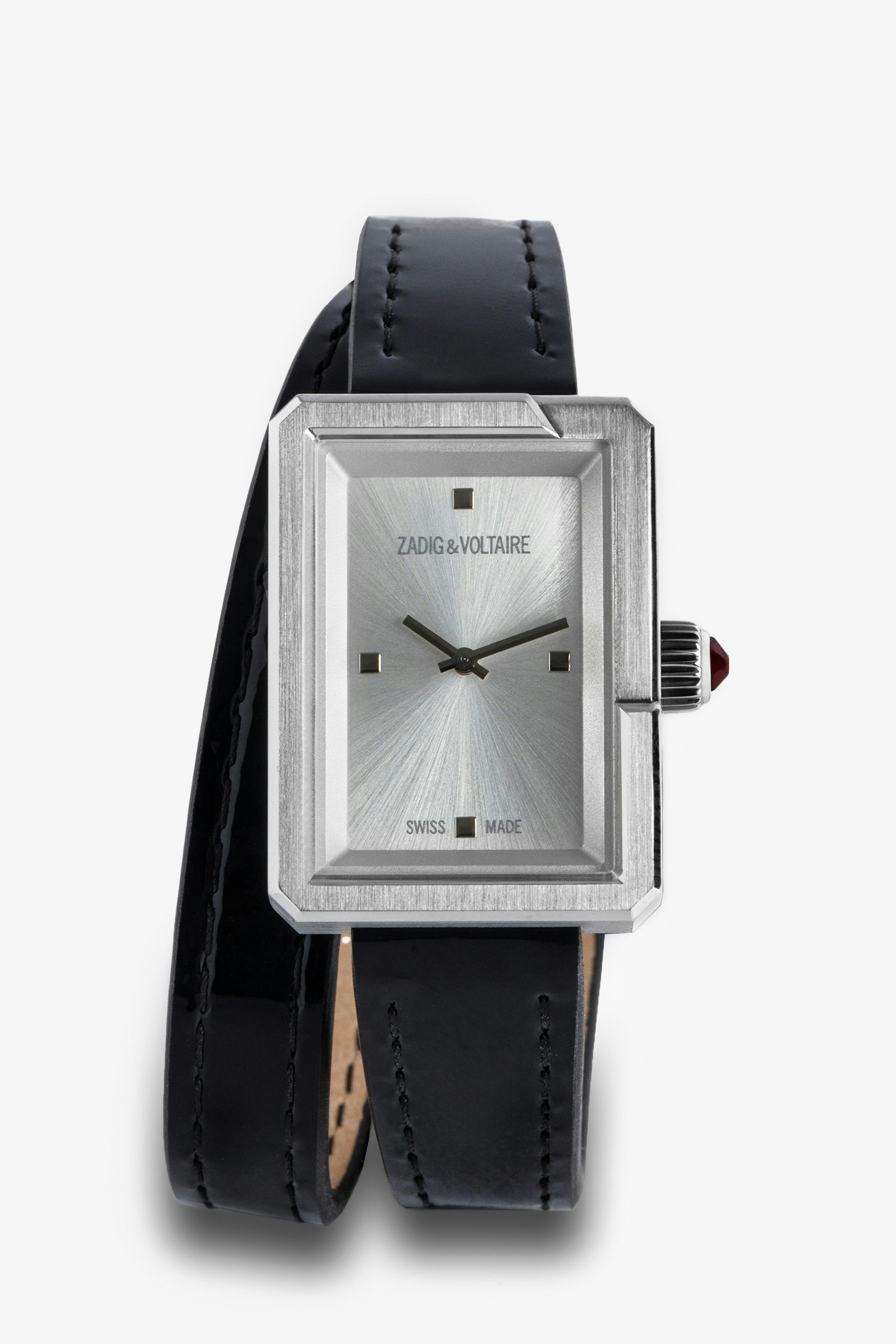 Uhr Cecilia - Versilberte Damenuhr mit rechteckigem Zifferblatt und doppeltem Armband aus Leder.
