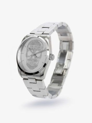 Zadig Skull Watch - Grey stainless steel watch with skull pattern dial.