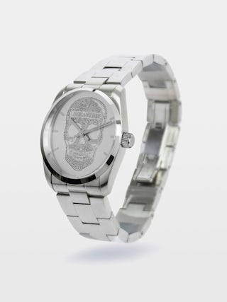 Zadig Skull Watch - Grey stainless steel watch with skull pattern dial.