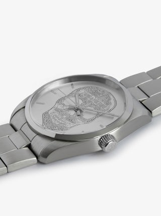 Zadig Skull Watch - Grey stainless steel watch with skull pattern dial.