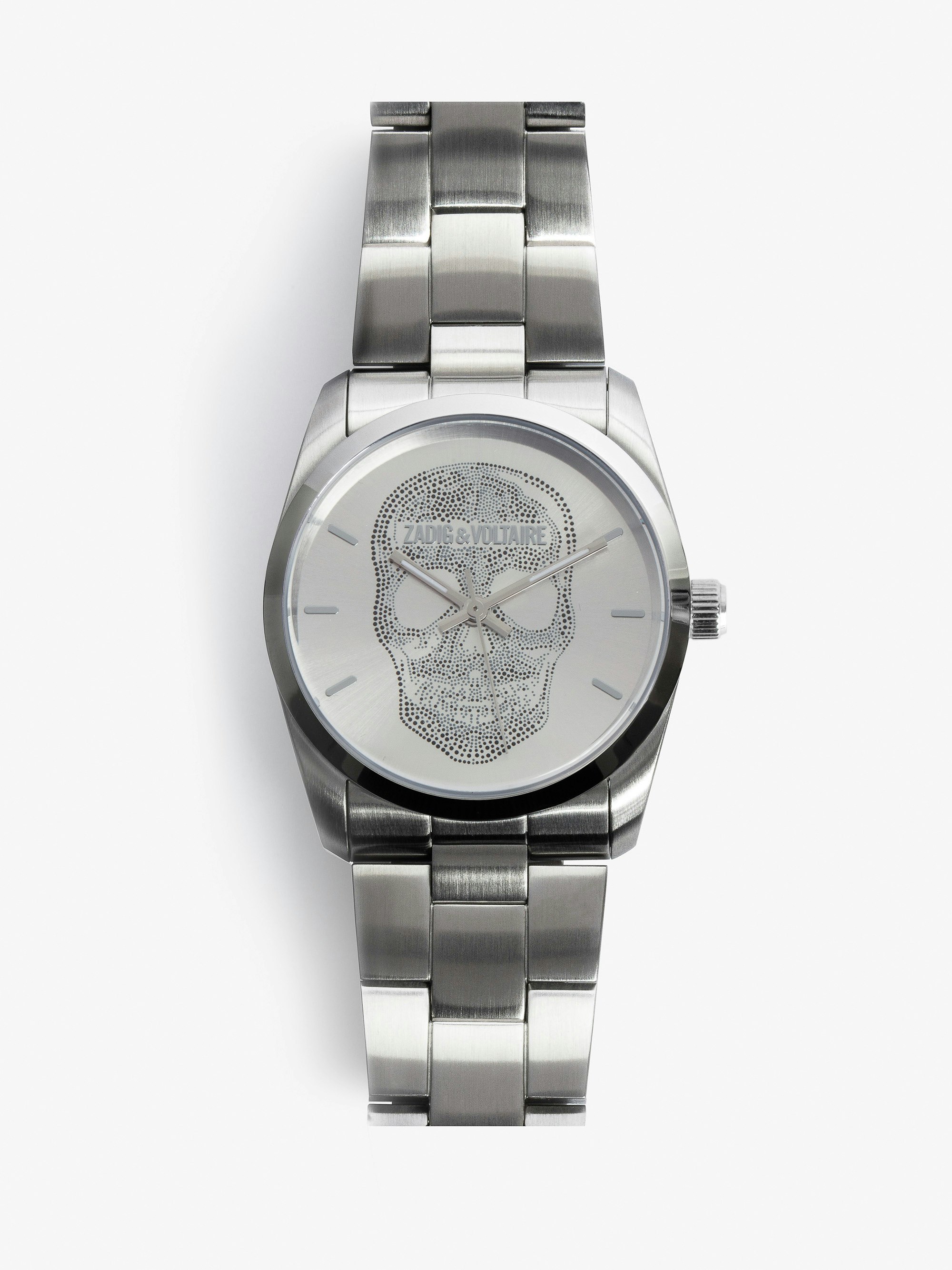 Zadig Skull Uhr - Uhr aus grauem Edelstahl mit Zifferblatt im Totenkopf-Muster.