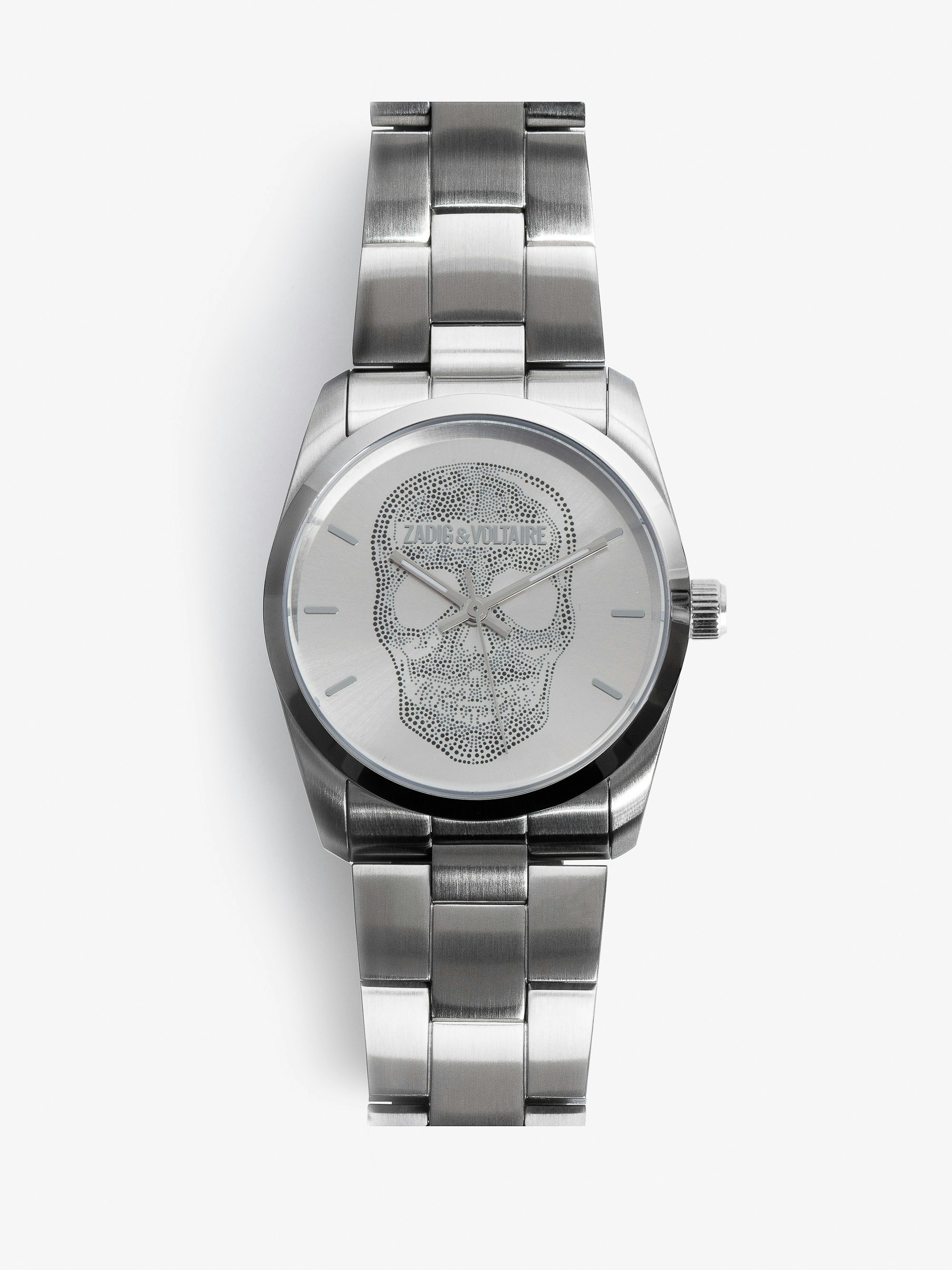 Montre Zadig Skull - Montre en acier inoxydable gris à cadran motif tête de mort.