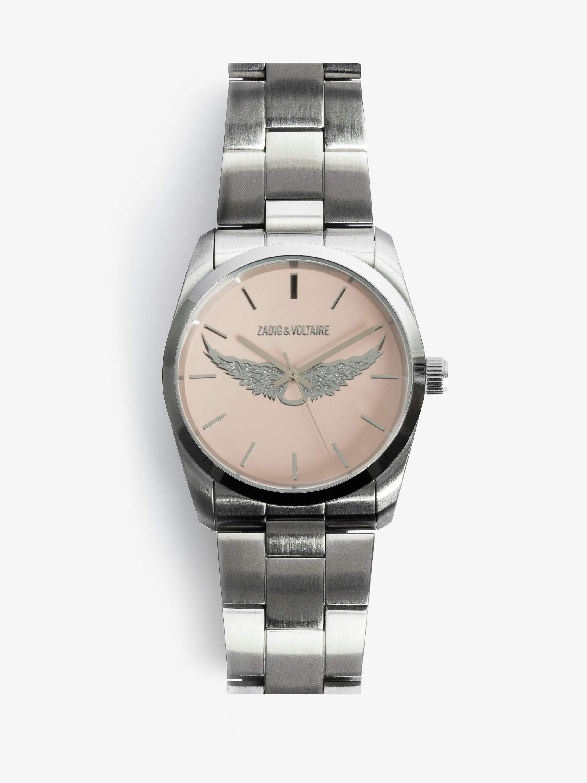 Zadig Wings Uhr - Uhr aus grauem Edelstahl mit hellrosa Zifferblatt und Flügelmotiven.