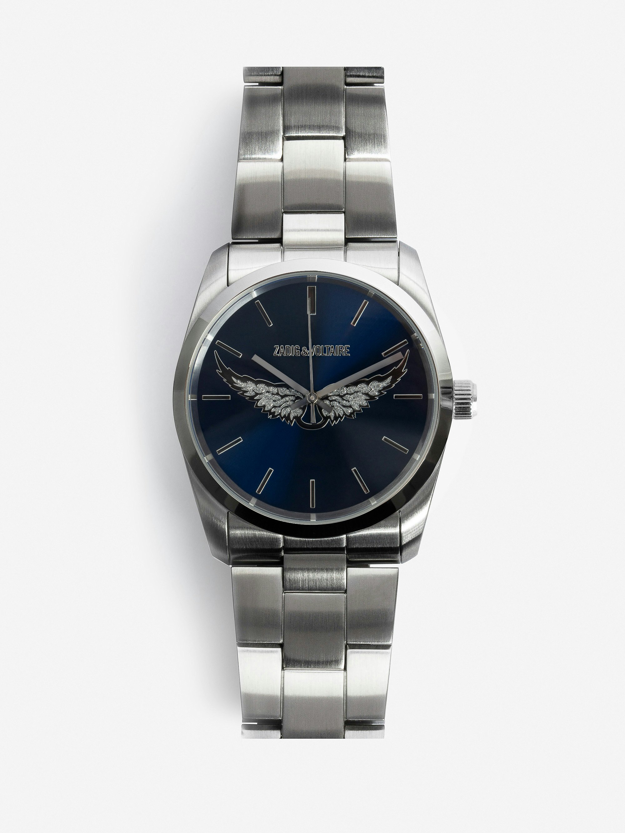 Zadig Wings Watch - Stainless steel watch with navy blue dial featuring wing motifs.