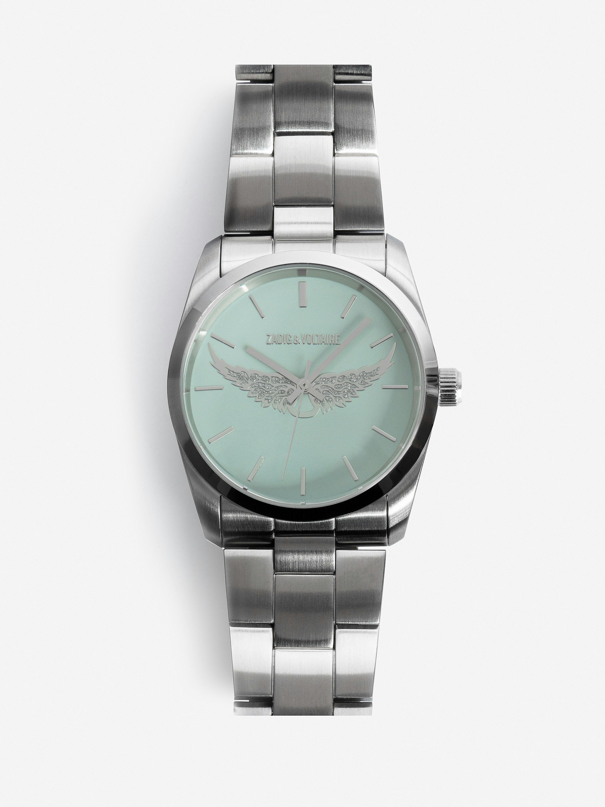 Zadig Wings Watch - Stainless steel watch with light blue dial featuring wing motifs.