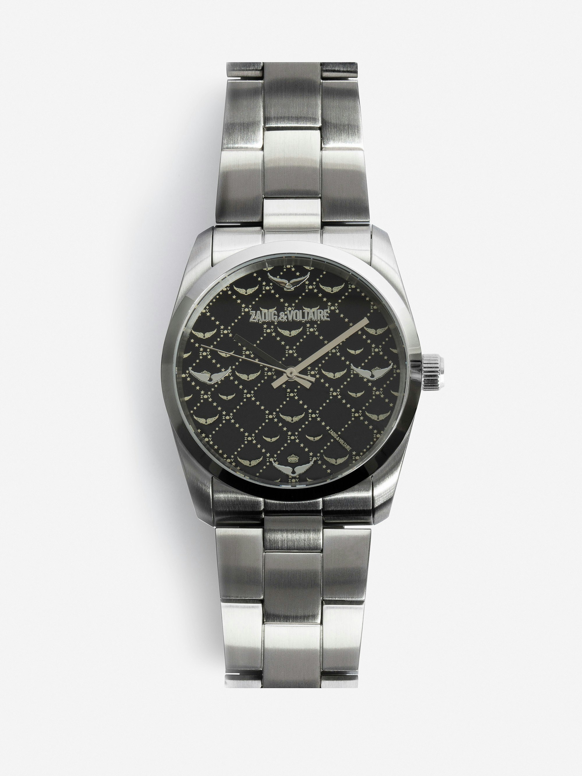 Zadig Monogram Uhr - Uhr aus grauem Edelstahl mit schwarzem Zifferblatt mit Monogramm-Muster.