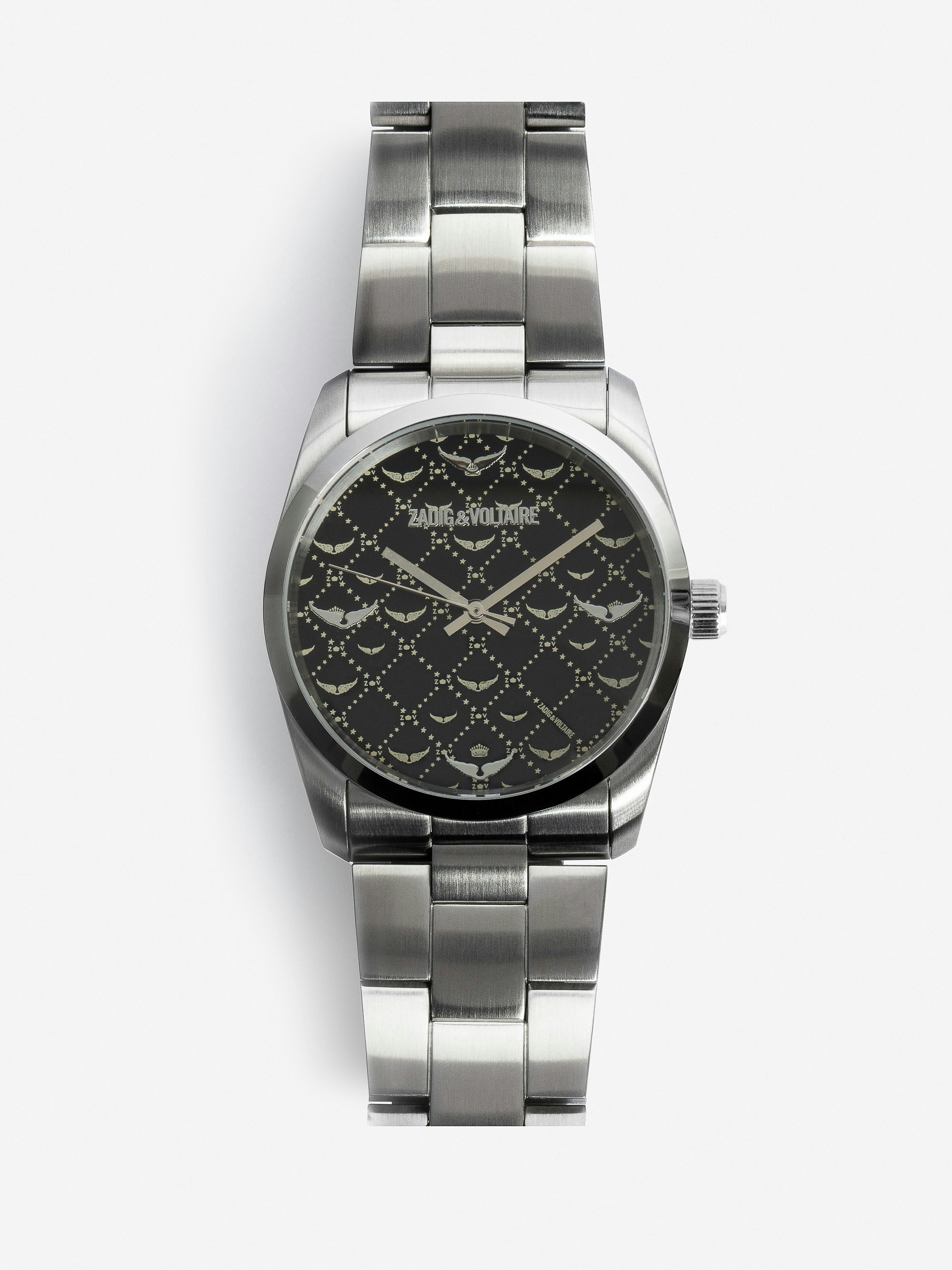 Zadig Monogram Watch - Gray stainless steel watch with black monogram pattern dial.