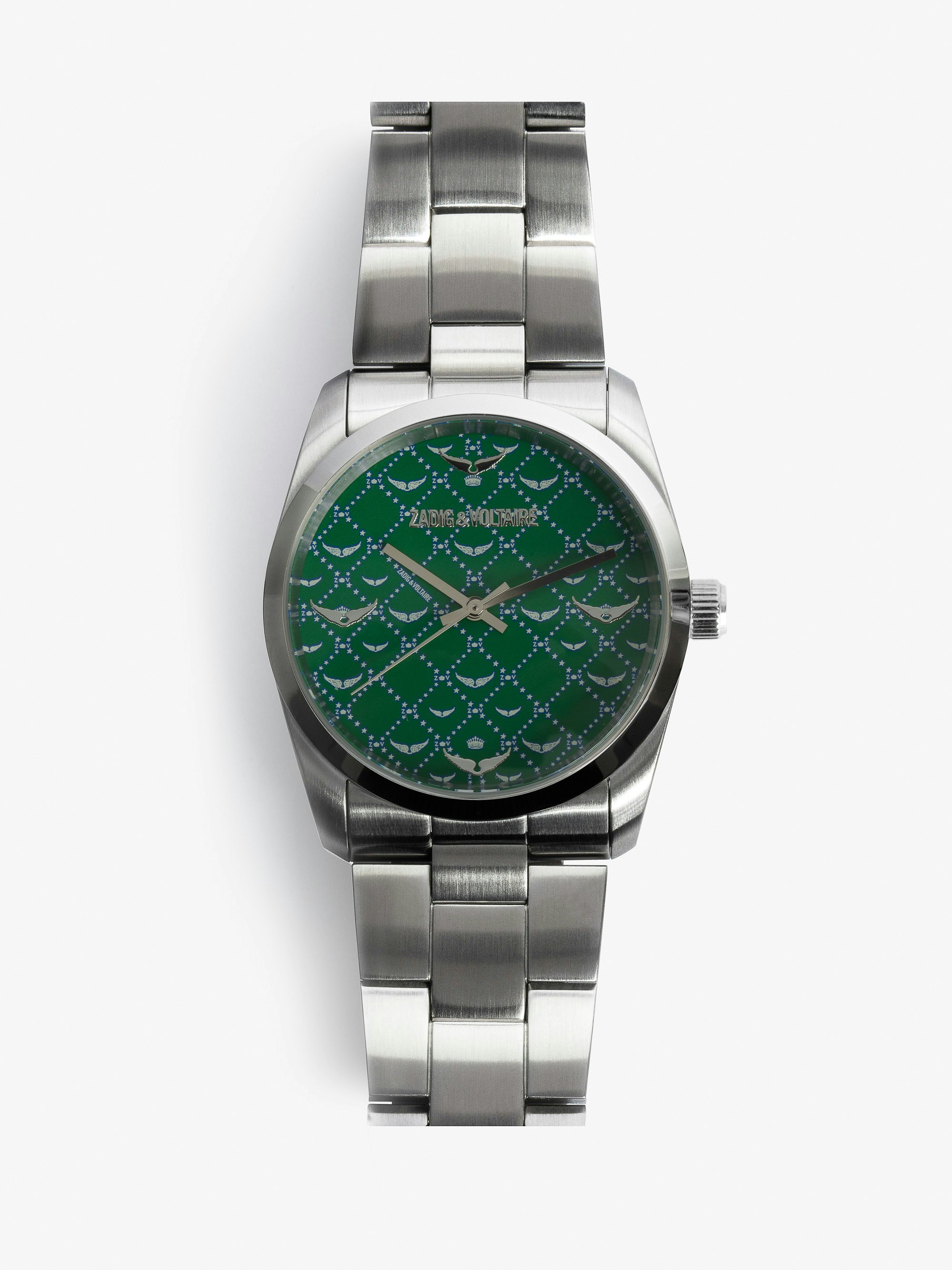 Zadig Monogram Uhr - Uhr aus grauem Edelstahl mit grünem Zifferblatt mit Monogramm-Muster.