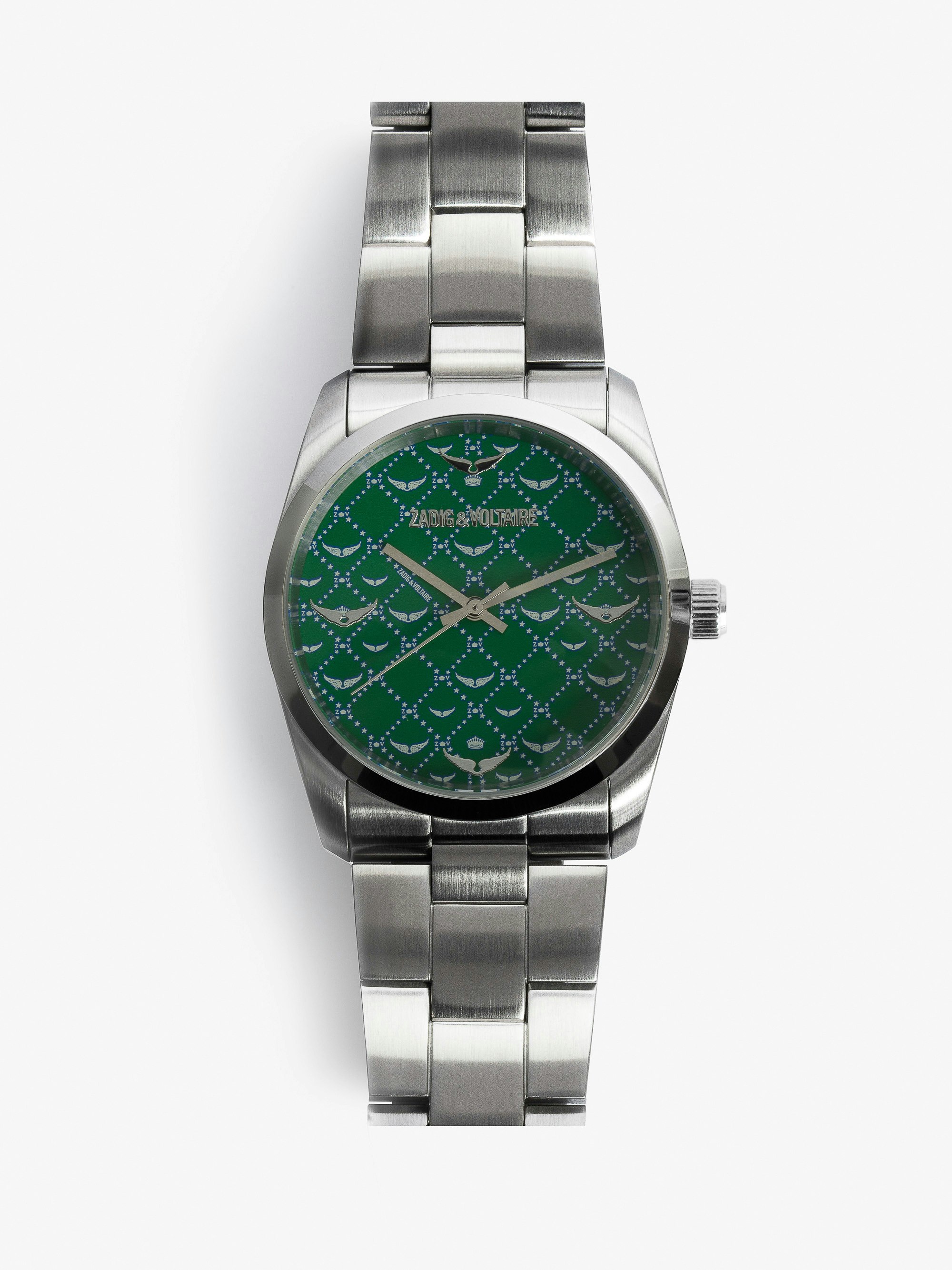 Zadig Monogram Watch - Gray stainless steel watch with green monogram pattern dial.