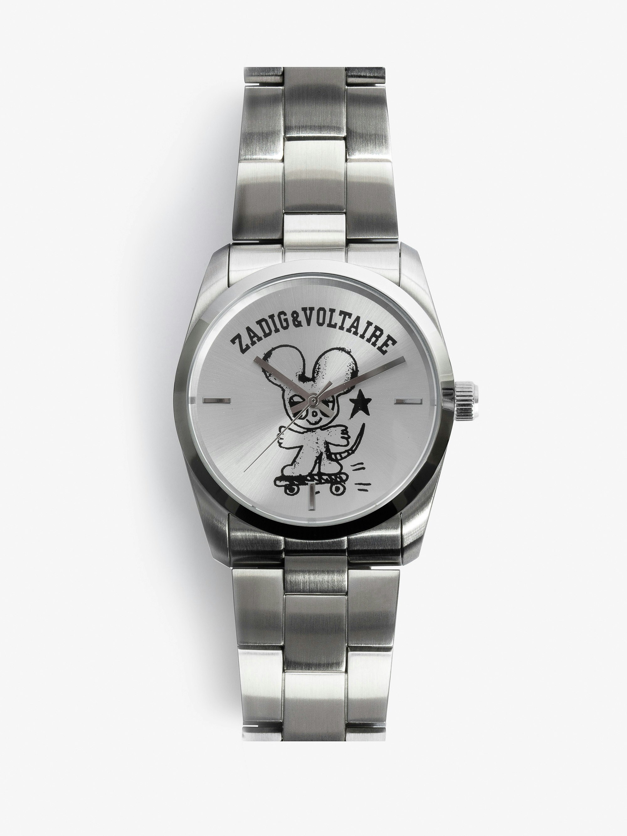 Zadig Mouse Uhr - Uhr aus grauem Edelstahl mit Zifferblatt im Mäusemuster.