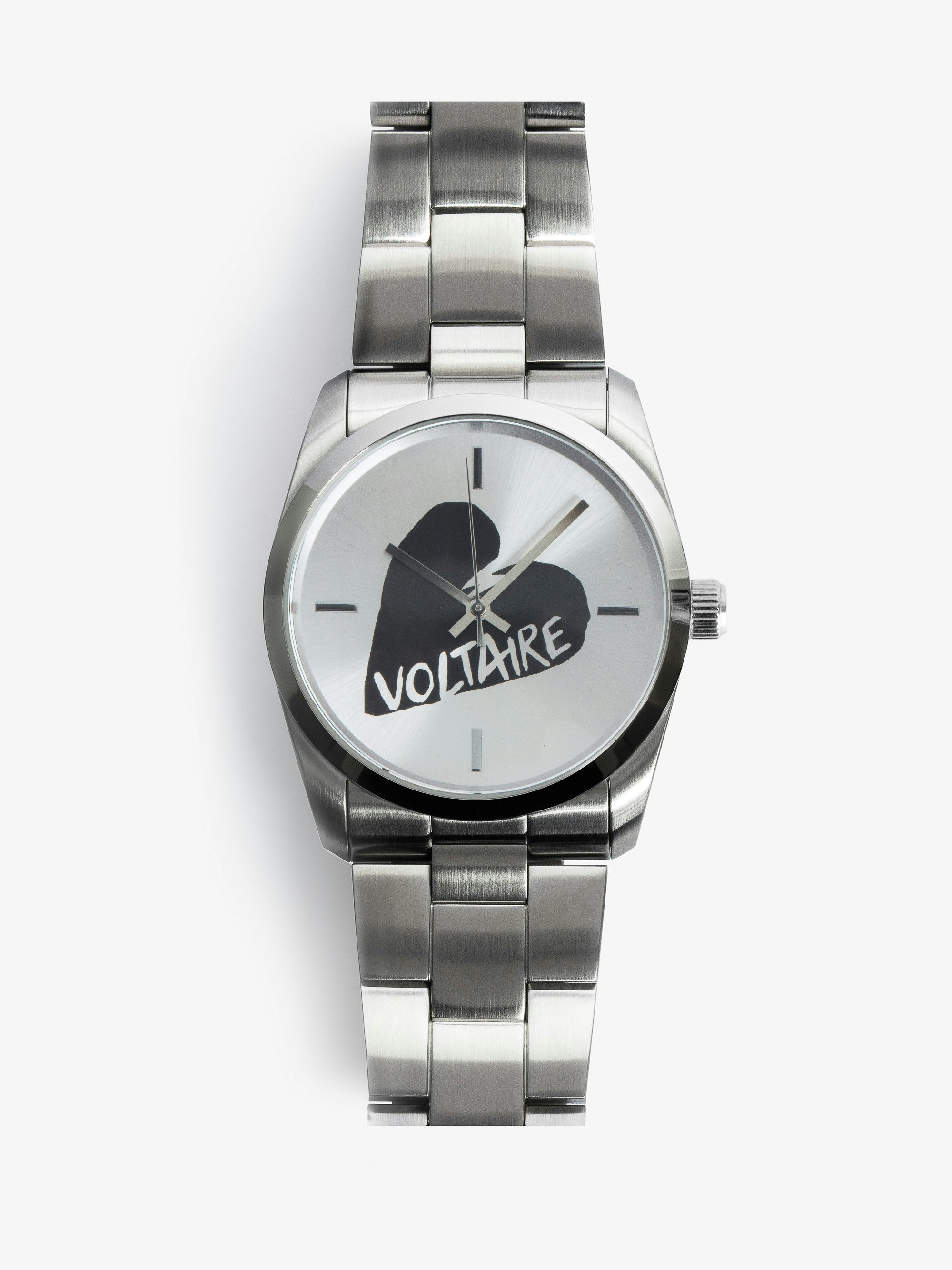 Zadig Heart Uhr - Uhr aus grauem Edelstahl mit Voltaire-Herzzifferblatt.