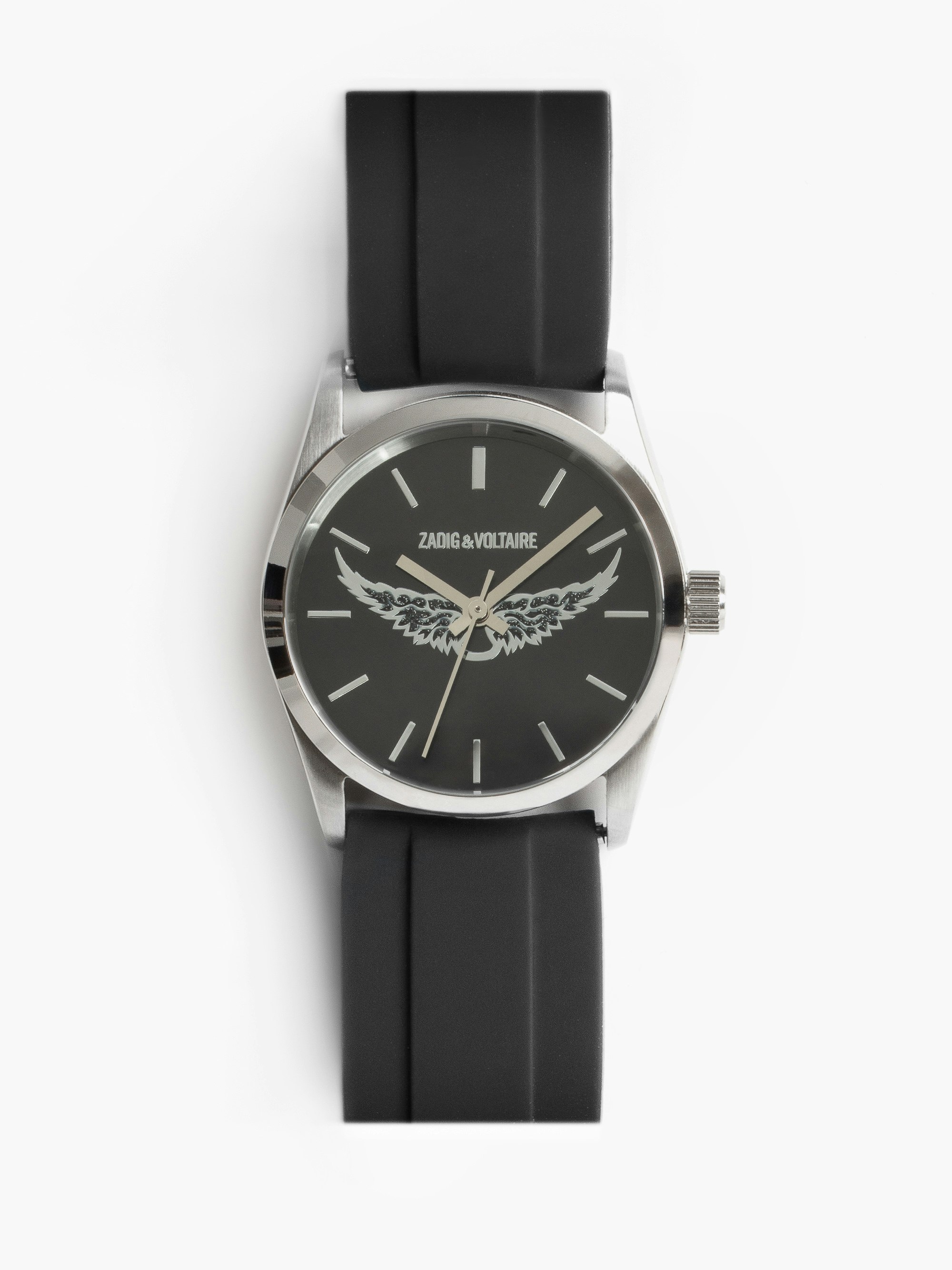 Orologio Zadig Rubber Wings - Orologio in acciaio inossidabile grigio con cinturino in silicone e quadrante nero con motivi ad ali.