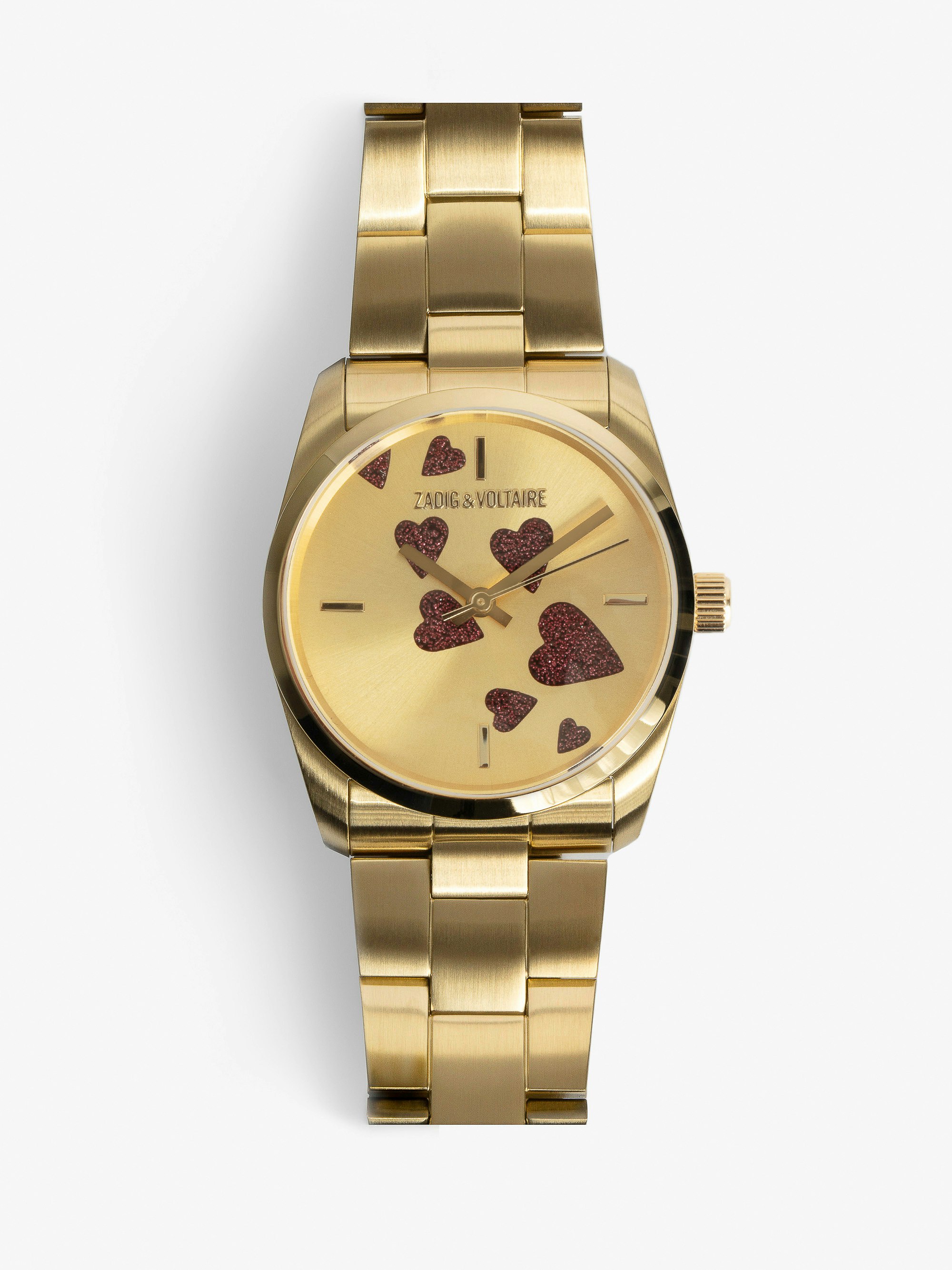 Zadig Strass Heart Watch - Gold toned stainless steel watch with pink diamante hearts on dial.
