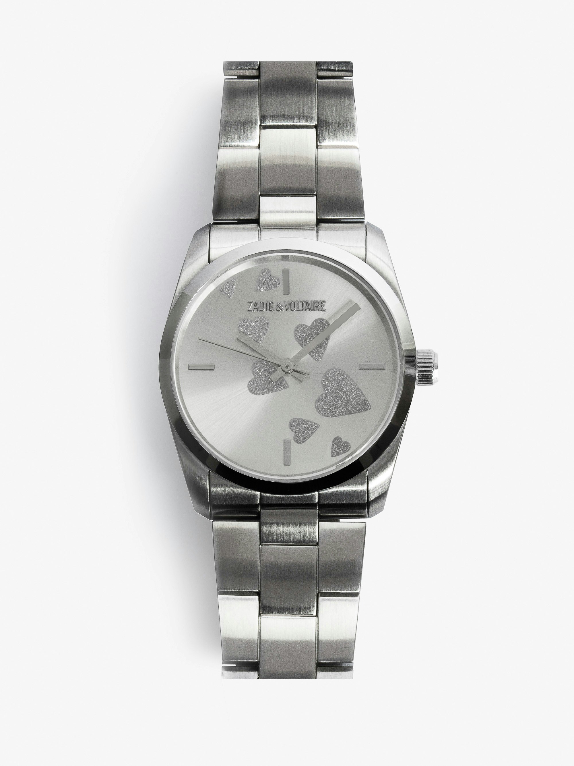 Zadig Strass Heart Watch - Silver toned stainless steel watch with silver diamante hearts on dial.