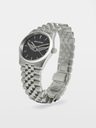Zadig Small Watch - Stainless steel watch with black dial with silver wings and steel bracelet.