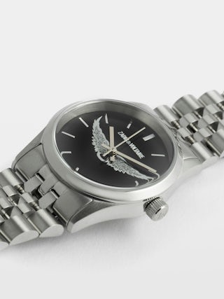 Zadig Small Watch - Stainless steel watch with black dial with silver wings and steel bracelet.