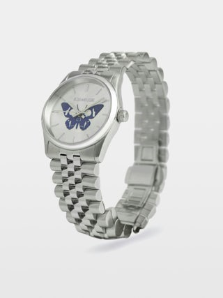 Zadig Small Watch - Stainless steel watch with silver dial featuring electric blue butterfly and steel bracelet.