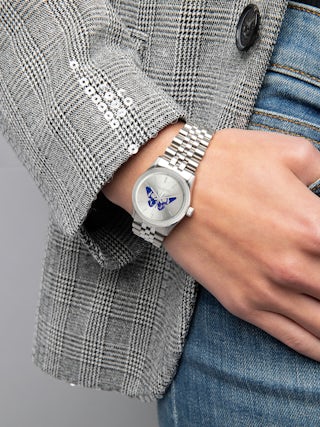 Montre Zadig Small - Montre en acier inoxydable avec cadran silver avec papillon bleu electrique et bracelet acier.