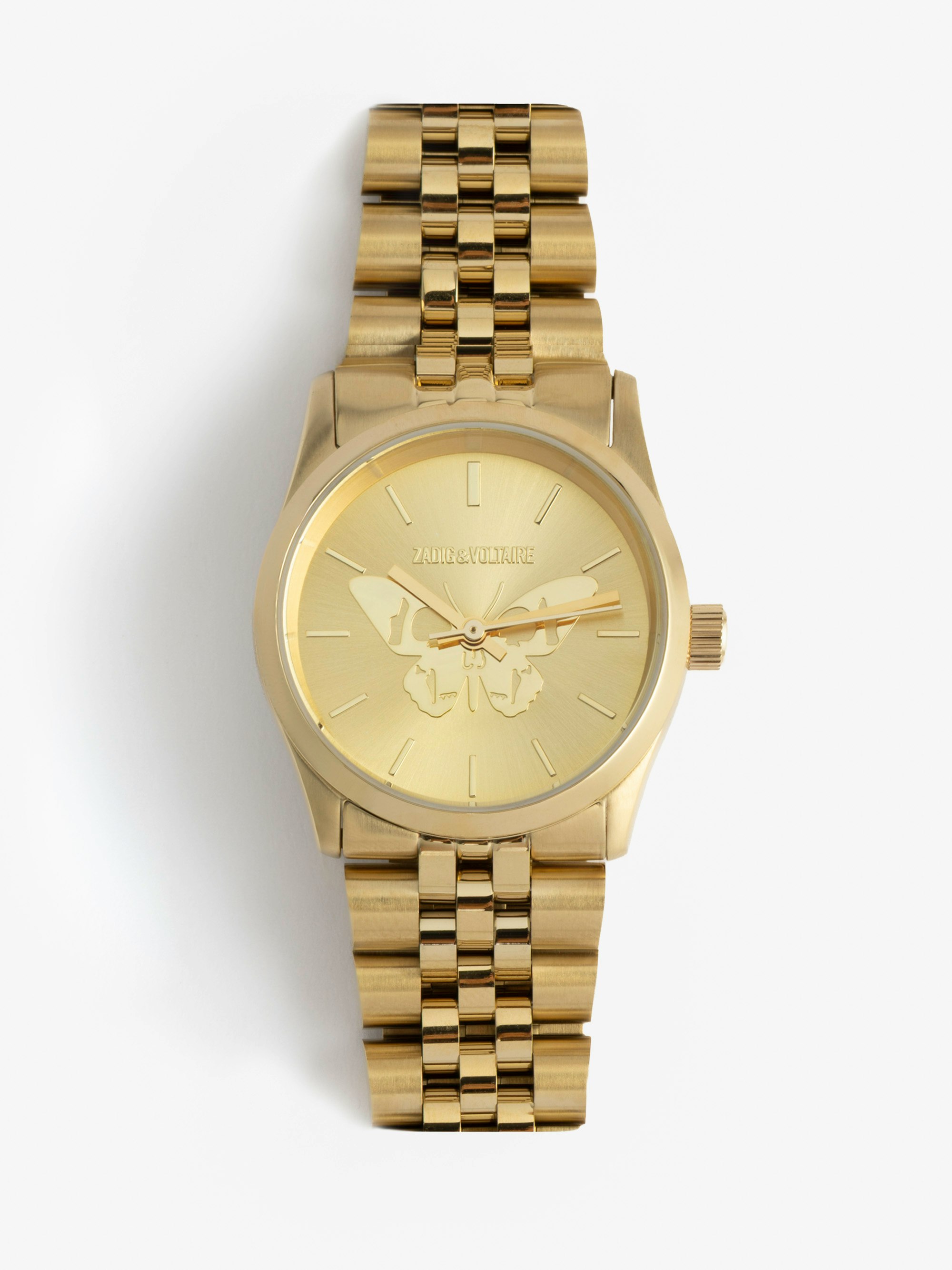 Zadig Small Watch - Stainless steel watch with silver dial featuring orange rhinestone wings and steel bracelet.