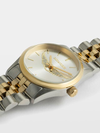 Zadig Small Watch - Stainless steel watch with silver dial with gold wings and steel bracelet.