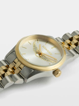 Zadig Small Uhr - Uhr aus Edelstahl mit silbernem Zifferblatt mit goldenen Flügeln und Stahlarmband.