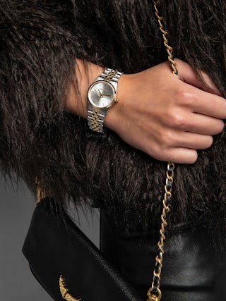 Zadig Small Watch - Stainless steel watch with silver dial with gold wings and steel bracelet.