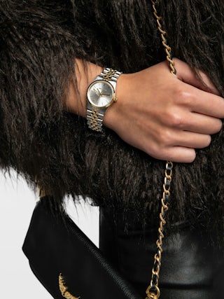 Zadig Small Watch - Stainless steel watch with silver dial with gold wings and steel bracelet.