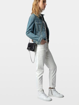 Pochette Rock - Pochette en cuir grainé à double chaînes cuir et métal et ailes ornées de strass.