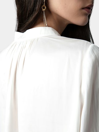 Tink Satin Blouse - Open-collar satin blouse with long sleeves and gathered details.