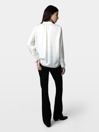 Tink Satin Blouse - Open-collar satin blouse with long sleeves and gathered details.