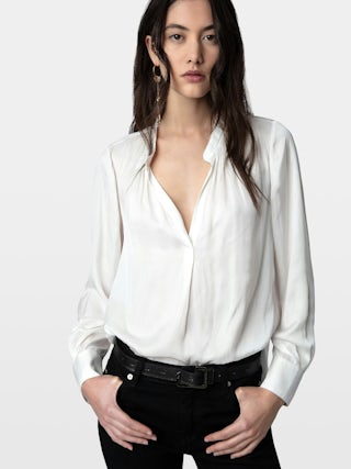 Tink Satin Blouse - Open-collar satin blouse with long sleeves and gathered details.
