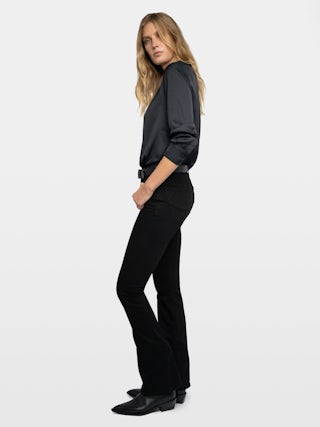 Tink Satin Blouse - Open-collar satin blouse with long sleeves and gathered details.