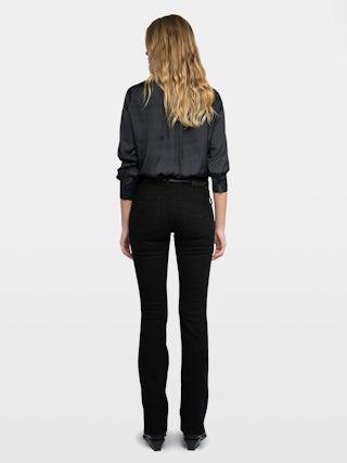 Tink Satin Blouse - Open-collar satin blouse with long sleeves and gathered details.