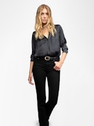 Tink Satin Blouse - Open-collar satin blouse with long sleeves and gathered details.