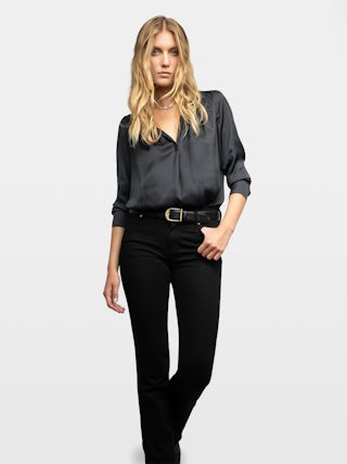 Tink Satin Blouse - Open-collar satin blouse with long sleeves and gathered details.