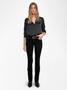 Tink Satin Blouse - Open-collar satin blouse with long sleeves and gathered details.